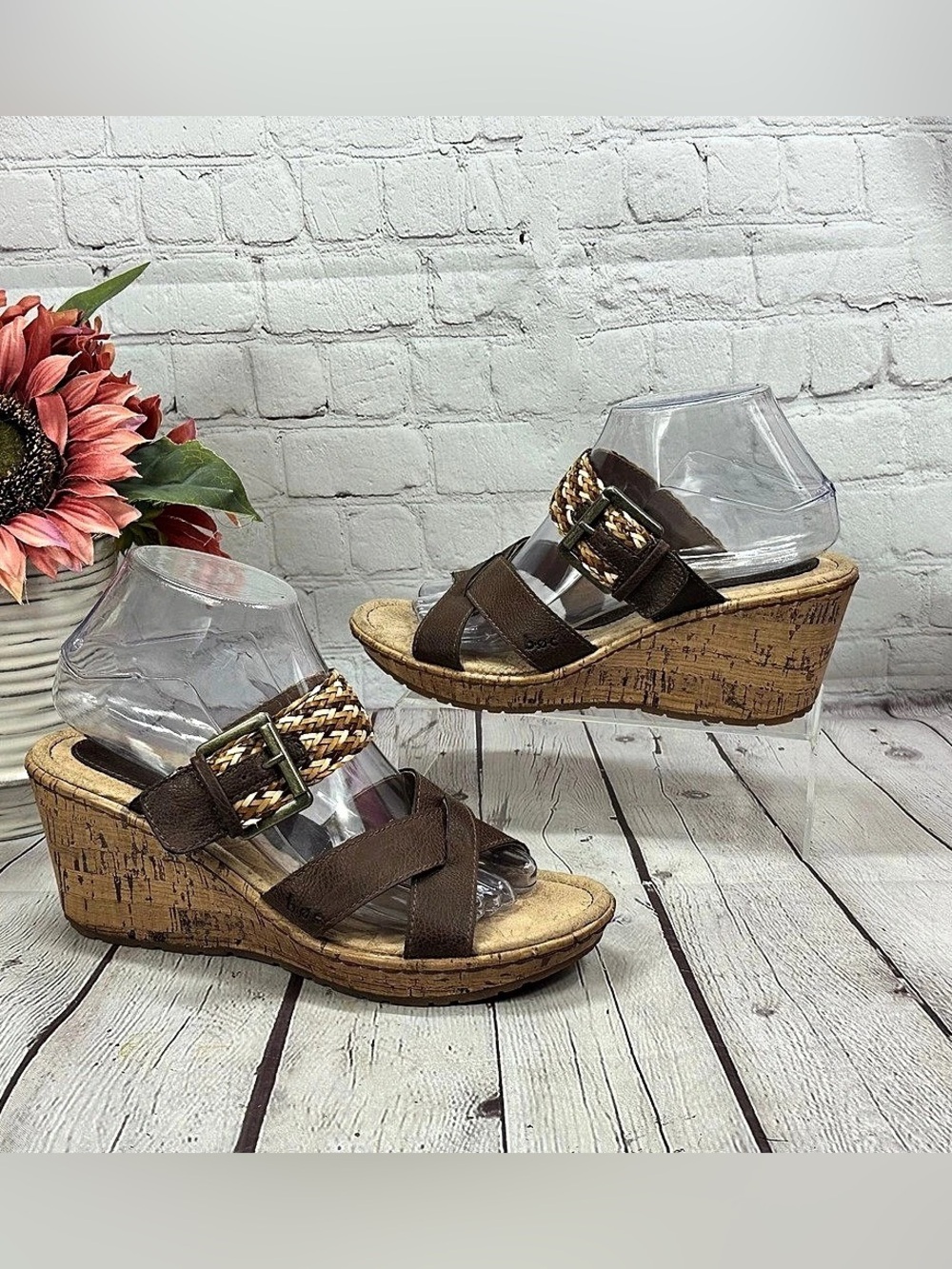 b.o.c. Brown Leather Wedge Sandals US 8M